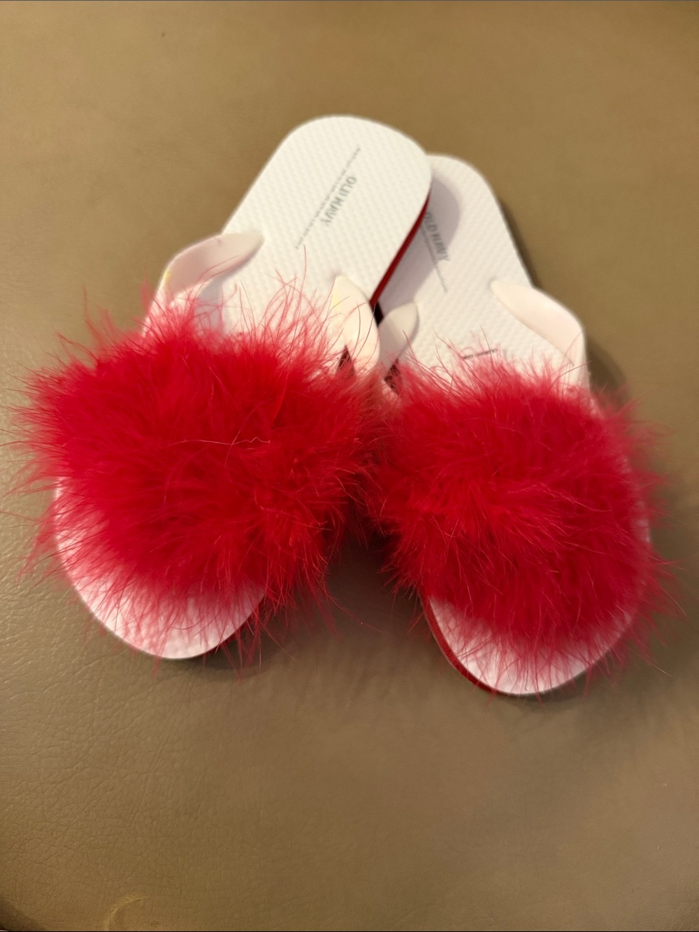 Old Navy White Slide Sandals with Red Feather Accent